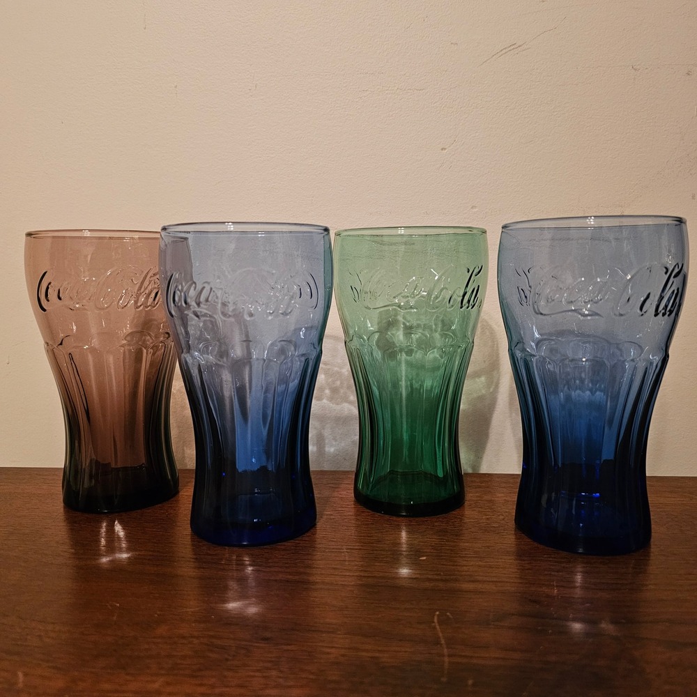 Vintage Coca-Cola Embossed Glass Tumblers Set of 4 Green Blue Purple Contour